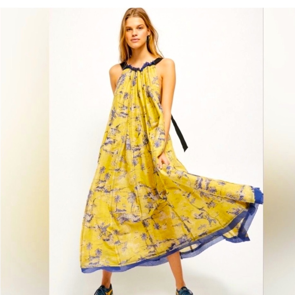 Free People Yellow Tropical Toile 100% Cotton Boho Maxi Dress Size Small
